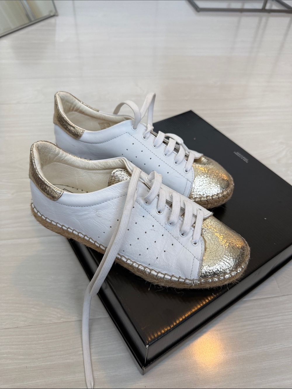Women's White Leather Sneakers with Gold Toe & Heel Accent